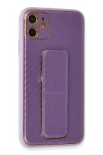 Newface iPhone 12 Kılıf Coco Karbon Standlı Kapak - Mor - Görsel 2