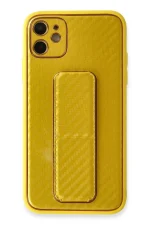 Newface iPhone 12 Kılıf Coco Karbon Standlı Kapak - Sarı