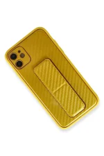 Newface iPhone 12 Kılıf Coco Karbon Standlı Kapak - Sarı - Görsel 4