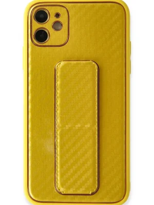 Newface iPhone 12 Kılıf Coco Karbon Standlı Kapak - Sarı