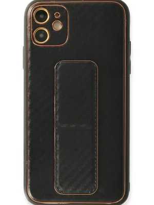 Newface iPhone 12 Kılıf Coco Karbon Standlı Kapak - Siyah