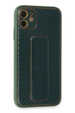 Newface iPhone 12 Kılıf Coco Karbon Standlı Kapak - Yeşil - Görsel 2