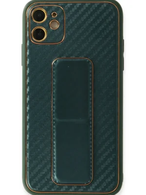 Newface iPhone 12 Kılıf Coco Karbon Standlı Kapak - Yeşil