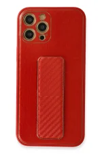 Newface iPhone 12 Pro Kılıf Coco Karbon Standlı Kapak - Kırmızı
