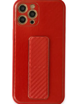 Newface iPhone 12 Pro Kılıf Coco Karbon Standlı Kapak - Kırmızı