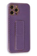 Newface iPhone 12 Pro Kılıf Coco Karbon Standlı Kapak - Mor - Görsel 2
