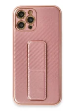 Newface iPhone 12 Pro Kılıf Coco Karbon Standlı Kapak - Pembe