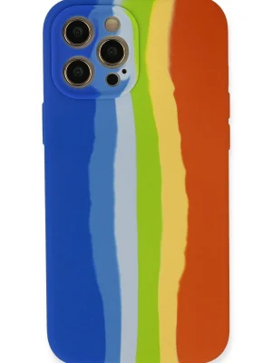 Newface iPhone 12 Pro Kılıf Ebruli Lansman Silikon - Mavi-Turuncu