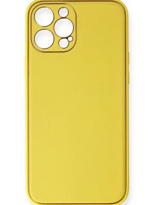 Newface iPhone 12 Pro Max Kılıf Coco Deri Silikon Kapak - Sarı