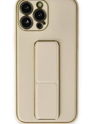 Newface iPhone 13 Pro Kılıf Coco Deri Standlı Kapak - Gold