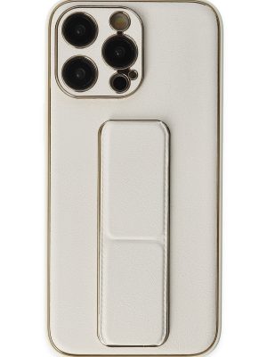 Newface iPhone 13 Pro Max Kılıf Coco Deri Standlı Kapak - Beyaz