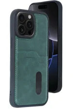 Newface iPhone 14 Pro Max Kılıf Sara Kartvizitli Deri Kılıf - Koyu Yeşil