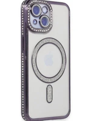 Newface iPhone 15 Kılıf Joke Simli Magneticsafe Kılıf - Derin Mor