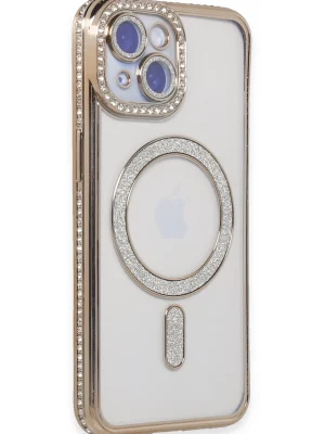 Newface iPhone 15 Kılıf Joke Simli Magneticsafe Kılıf - Gold