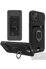 Newface iPhone 15 Kılıf Zuma Kartvizitli Yüzüklü Silikon - Siyah