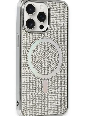 Newface iPhone 15 Pro Kılıf Diamond Magsafe Kapak - Gümüş