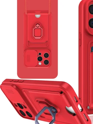 Newface iPhone 15 Pro Kılıf Zuma Kartvizitli Yüzüklü Silikon - Kırmızı