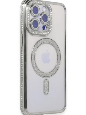 Newface iPhone 15 Pro Max Kılıf Joke Simli Magneticsafe Kılıf - Gümüş