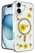 Newface iPhone 16 Kılıf Daisy Simli Magsafe Kapak - Gold