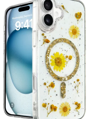 Newface iPhone 16 Kılıf Daisy Simli Magsafe Kapak - Gold