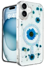 Newface iPhone 16 Kılıf Daisy Simli Magsafe Kapak - Mavi