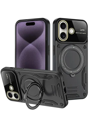 Newface iPhone 16 Kılıf Joy Lens Standlı Kapak - Siyah