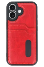 Newface iPhone 16 Kılıf Sara Kartvizitli Deri Kılıf - Kırmızı - Görsel 2