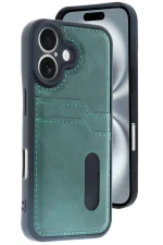 Newface iPhone 16 Kılıf Sara Kartvizitli Deri Kılıf - Koyu Yeşil