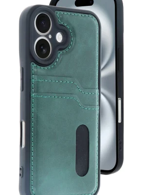 Newface iPhone 16 Kılıf Sara Kartvizitli Deri Kılıf - Koyu Yeşil