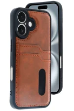 Newface iPhone 16 Kılıf Sara Kartvizitli Deri Kılıf - Taba