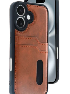 Newface iPhone 16 Kılıf Sara Kartvizitli Deri Kılıf - Taba