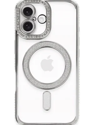 Newface iPhone 16 Plus Kılıf Joke Simli Magneticsafe Kılıf - Gümüş