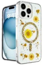 Newface iPhone 16 Pro Kılıf Daisy Simli Magsafe Kapak - Gold