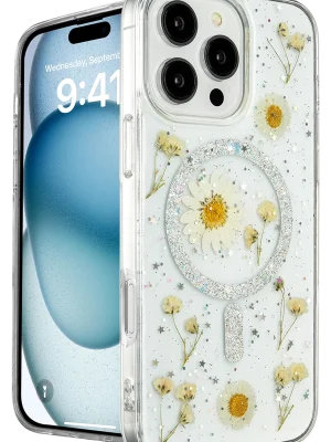 Newface iPhone 16 Pro Kılıf Daisy Simli Magsafe Kapak - Gümüş