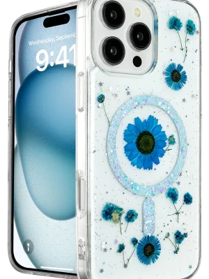 Newface iPhone 16 Pro Kılıf Daisy Simli Magsafe Kapak - Mavi