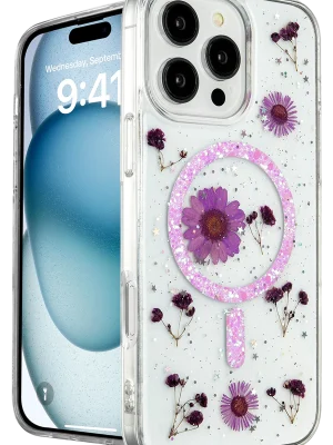 Newface iPhone 16 Pro Kılıf Daisy Simli Magsafe Kapak - Mor