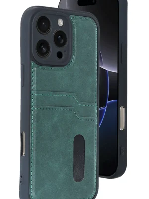 Newface iPhone 16 Pro Kılıf Sara Kartvizitli Deri Kılıf - Koyu Yeşil