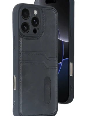 Newface iPhone 16 Pro Kılıf Sara Kartvizitli Deri Kılıf - Siyah