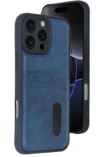 Newface iPhone 16 Pro Max Kılıf Sara Kartvizitli Deri Kılıf - Lacivert