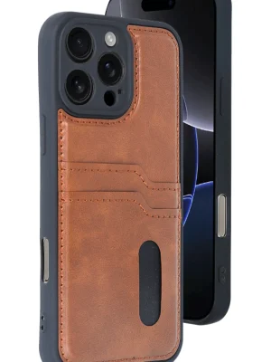 Newface iPhone 16 Pro Max Kılıf Sara Kartvizitli Deri Kılıf - Taba