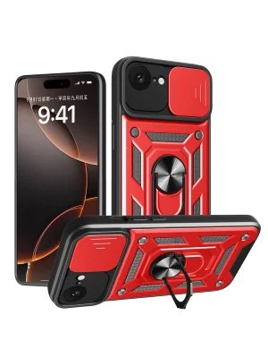 Newface iPhone 16E Kılıf Pars Lens Yüzüklü Silikon - Kırmızı