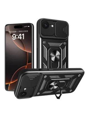 Newface iPhone 16E Kılıf Pars Lens Yüzüklü Silikon - Siyah