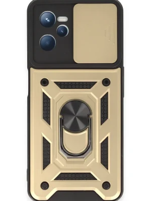 Newface Realme C35 Kılıf Pars Lens Yüzüklü Silikon - Gold