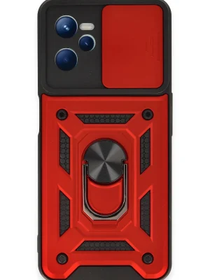 Newface Realme C35 Kılıf Pars Lens Yüzüklü Silikon - Kırmızı