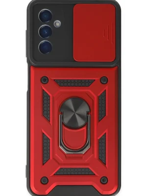 Newface Samsung Galaxy M13 Kılıf Pars Lens Yüzüklü Silikon - Kırmızı