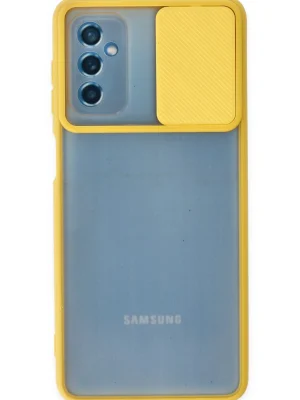 Newface Samsung Galaxy M52 5G Kılıf Palm Buzlu Kamera Sürgülü Silikon - Sarı