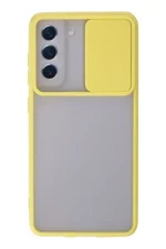 Newface Samsung Galaxy S21 FE Kılıf Palm Buzlu Kamera Sürgülü Silikon - Sarı