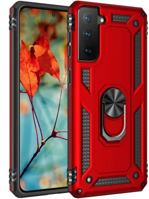 Newface Samsung Galaxy S21 Kılıf Sofya Yüzüklü Silikon Kapak - Kırmızı