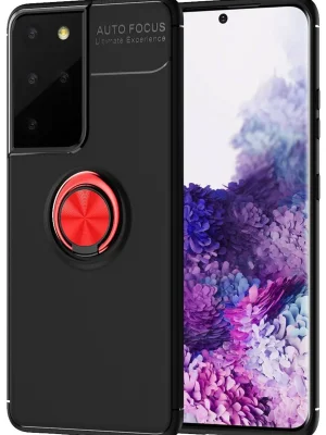 Newface Samsung Galaxy S21 Ultra Kılıf Range Yüzüklü Silikon - Siyah-Kırmızı