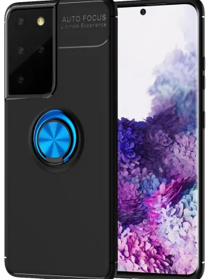 Newface Samsung Galaxy S21 Ultra Kılıf Range Yüzüklü Silikon - Siyah-Mavi